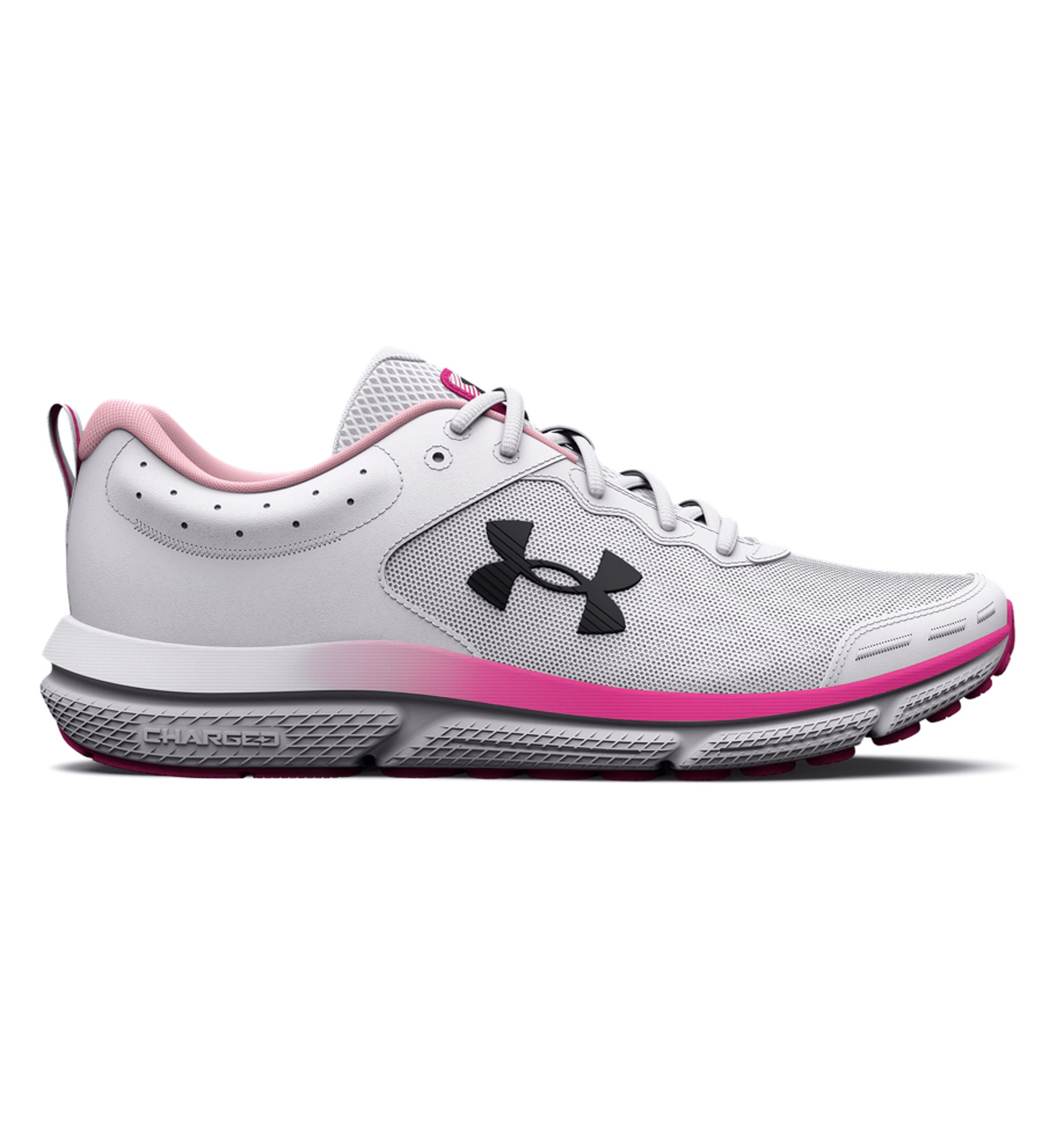 Under Armour Women's UA Charged Assert 10 Running Shoes in white and pink, featuring breathable mesh and Charged Cushioning for comfort.