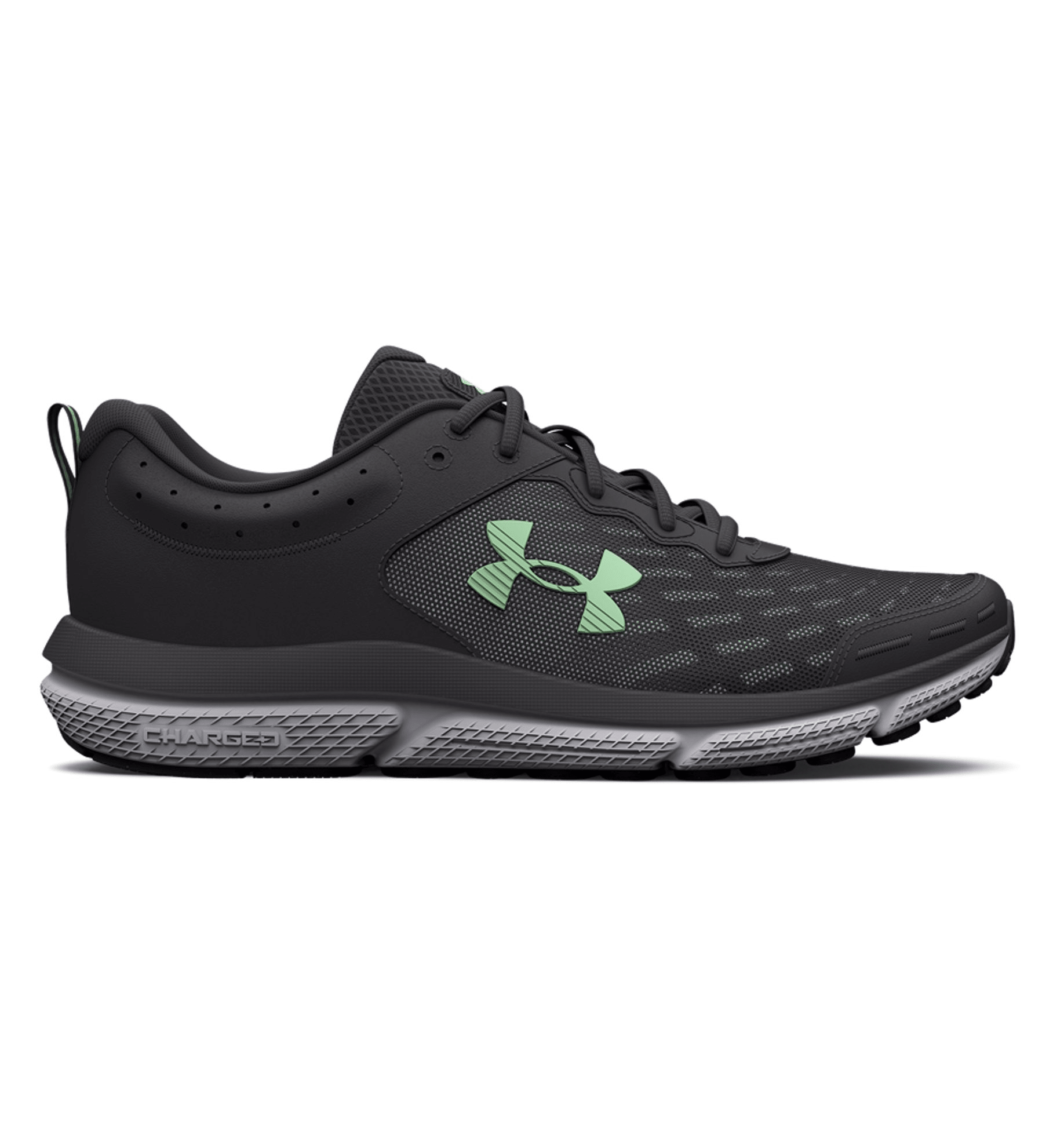 Under Armour Women's UA Charged Assert 10 Running Shoes in black with green logo, featuring breathable mesh and Charged Cushioning.