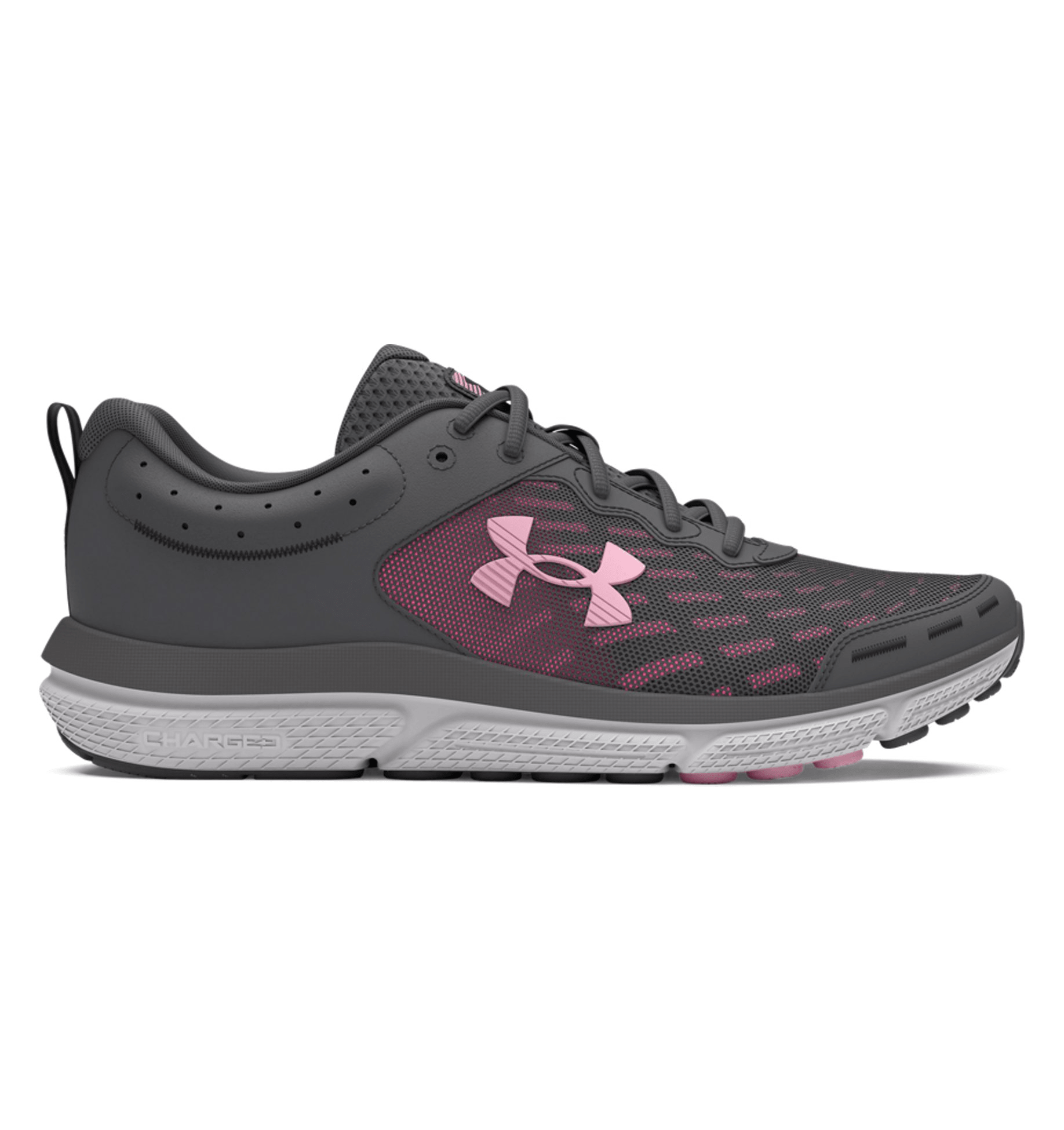 Under Armour Women's Charged Assert 10 Running Shoes in gray and pink, featuring breathable mesh and Charged Cushioning for comfort.