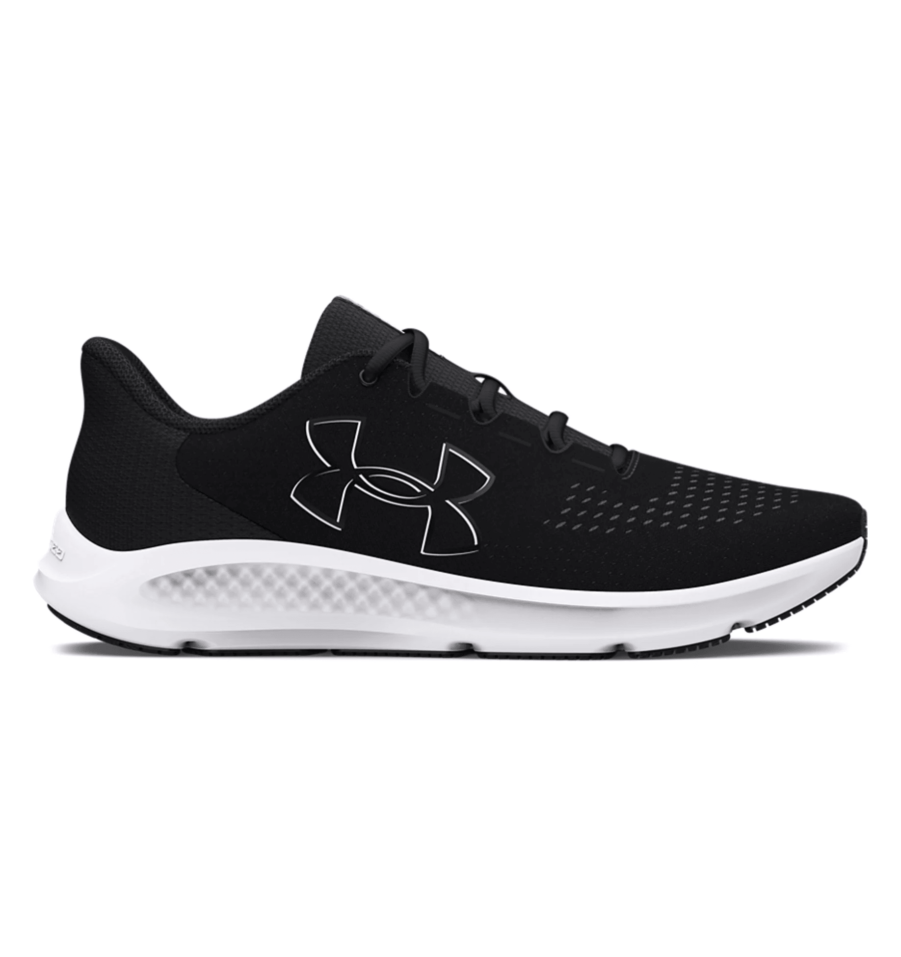 Under Armour Women's UA Charged Pursuit 3 Big Logo Running Shoes in black, featuring a breathable mesh upper and cushioned sole.