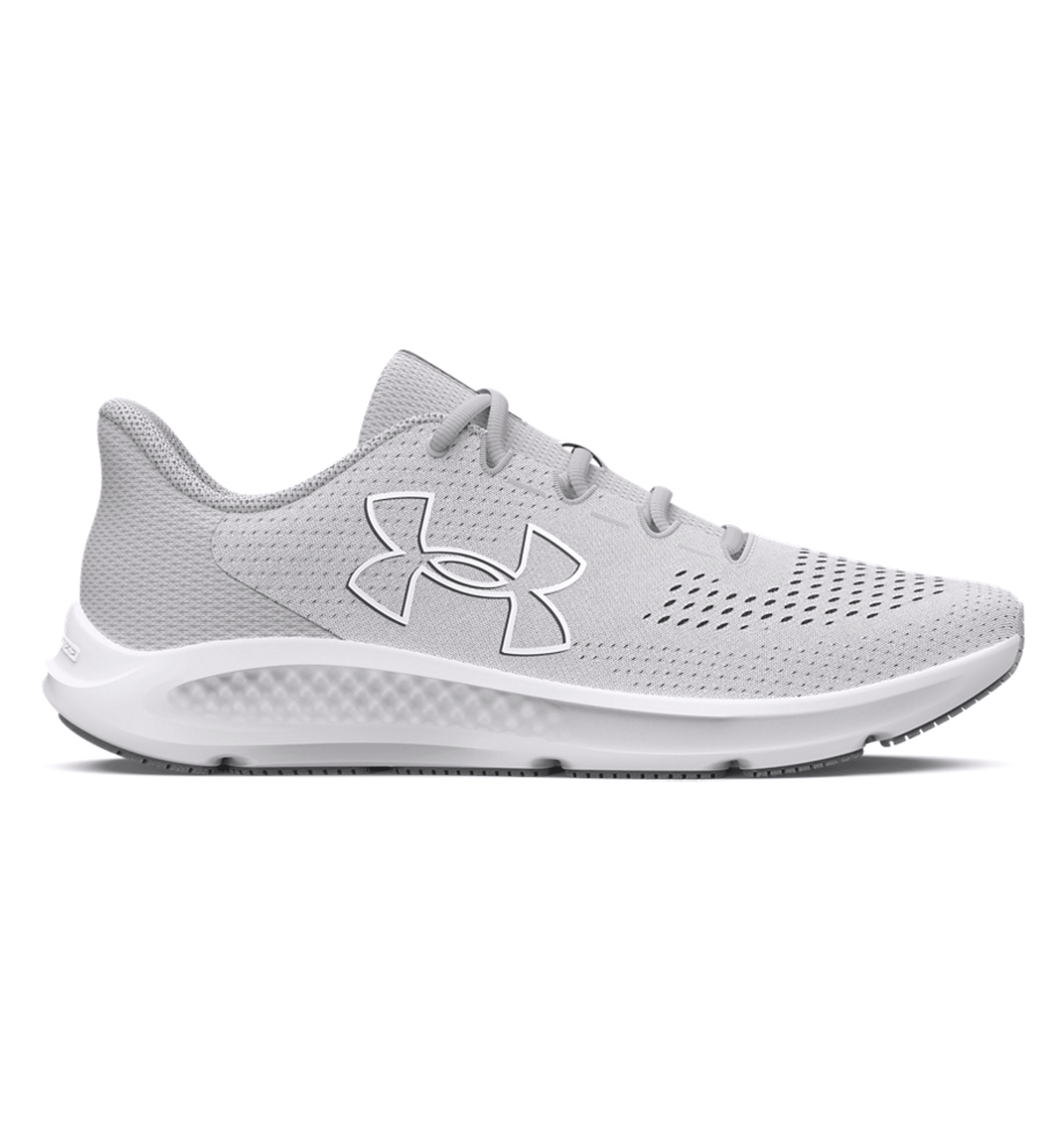 Under Armour Women's UA Charged Pursuit 3 Big Logo Running Shoes in grey, featuring breathable mesh and cushioning for comfort.