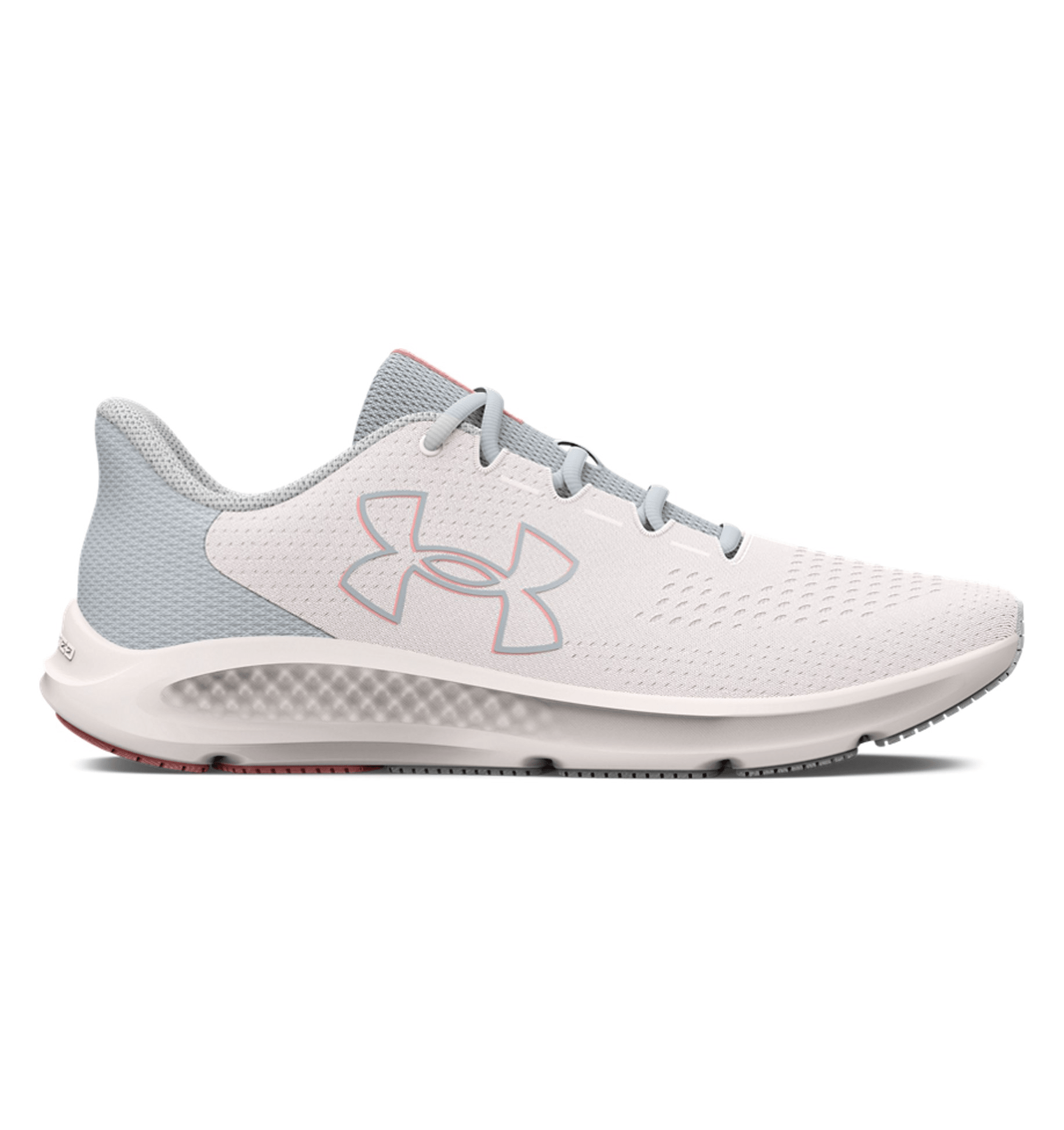 Under Armour Women's UA Charged Pursuit 3 Big Logo Running Shoes in white and gray, featuring breathable mesh upper and cushioned sole.