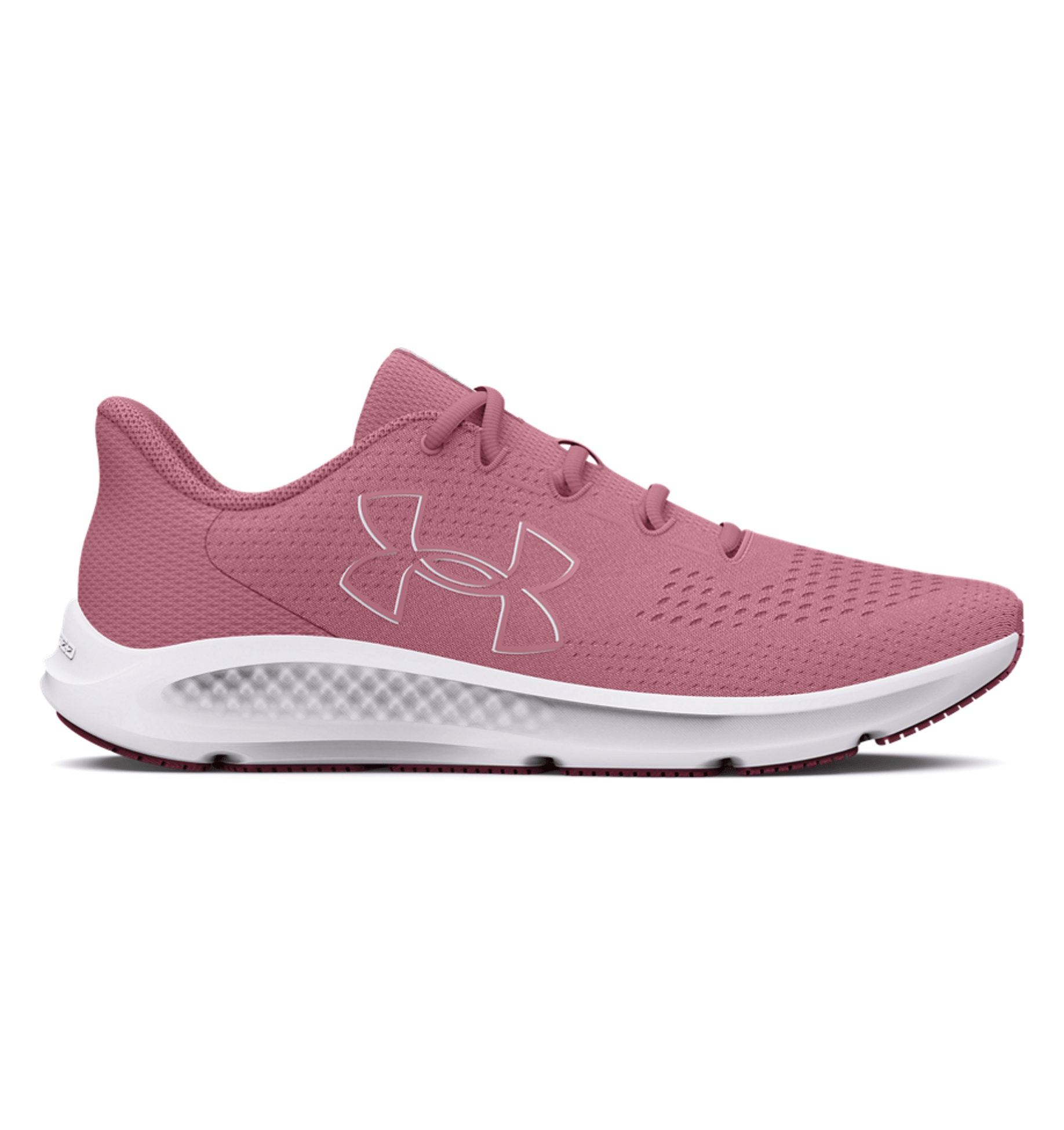 Under Armour Women's UA Charged Pursuit 3 Big Logo Running Shoes in pink, featuring breathable mesh upper and Charged Cushioning.
