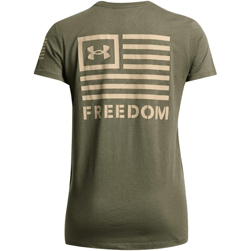 Green t-shirt with 'Freedom' and Under Armour logo on a white background