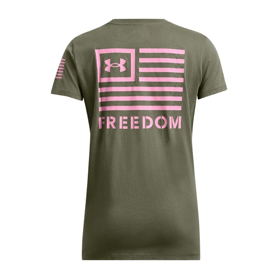 Green t-shirt with pink flag design and 'Freedom' text on a white background
