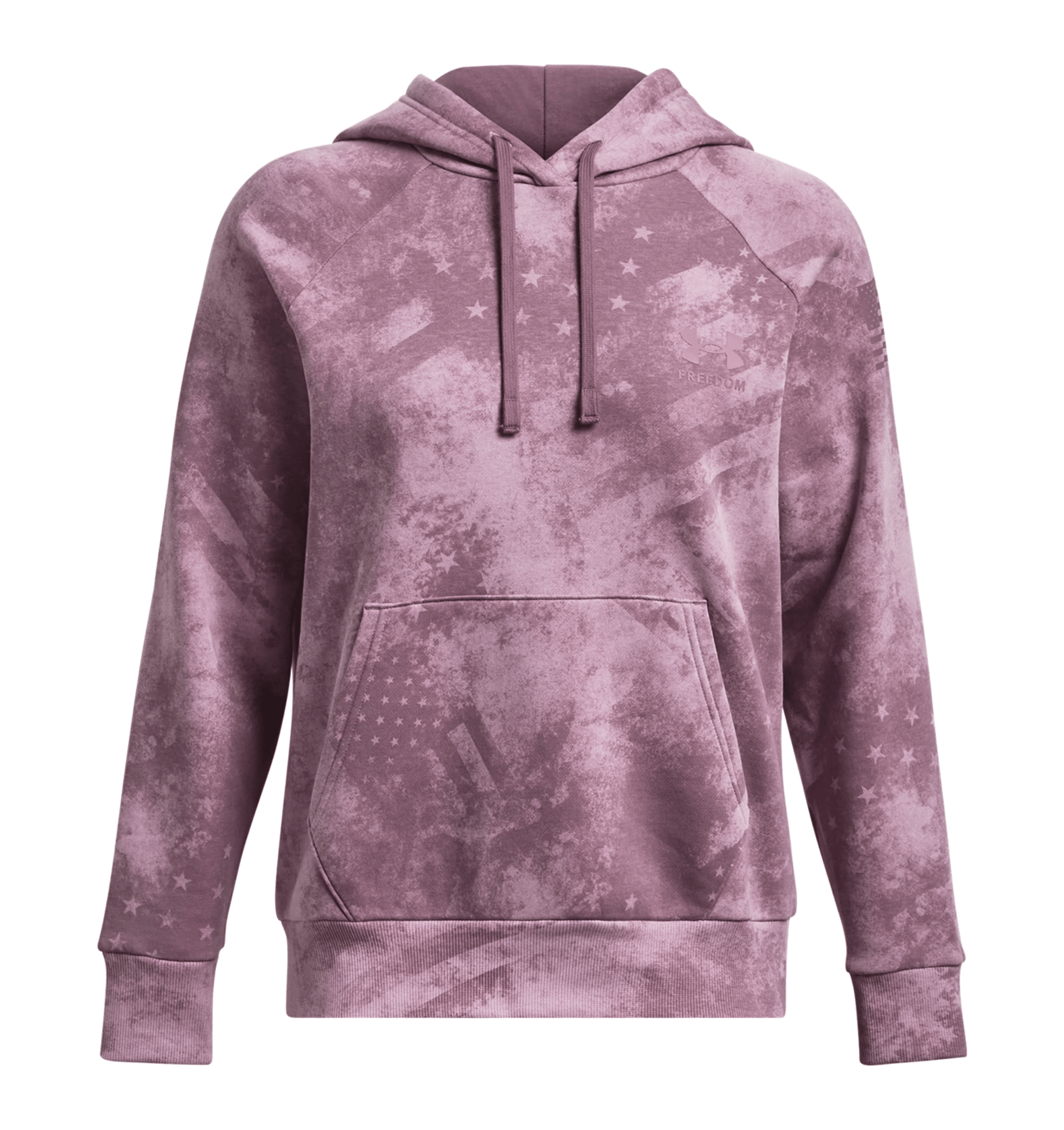Under Armour Women's UA Freedom Rival Fleece Amp Hoodie in soft pink with stars and a front kangaroo pocket.