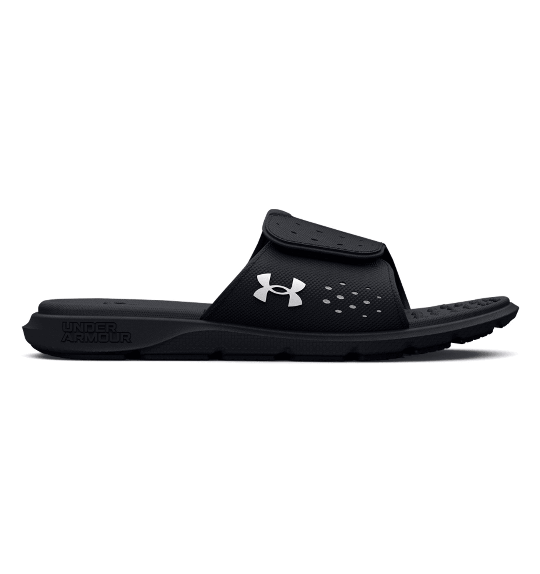 Under Armour Women's UA Ignite Pro Slides in black with adjustable strap and textured footbed for ultimate comfort.