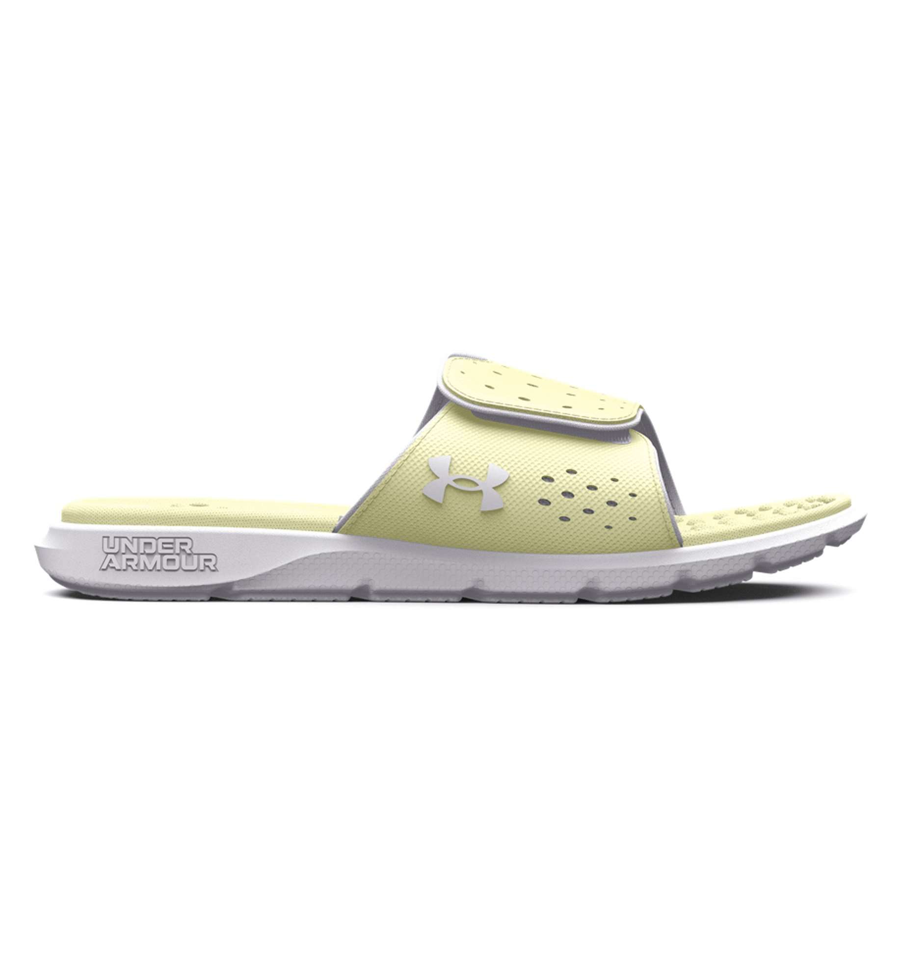 Under Armour Women's UA Ignite Pro Slides in yellow with adjustable strap and textured foam footbed for comfort.