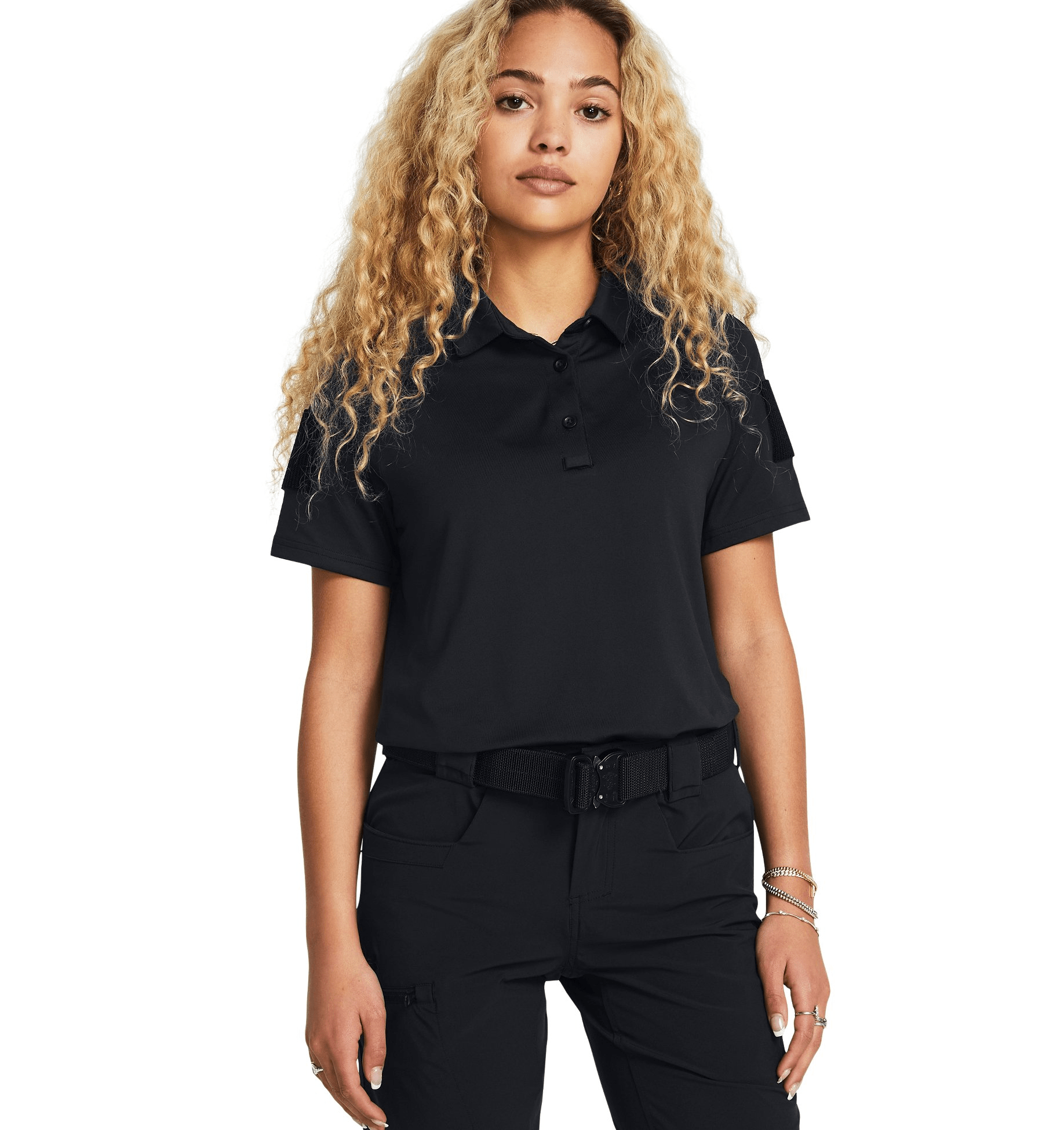 Under Armour Women's UA Tac Elite Polo in black, featuring a comfortable fit and tactical design for uniform wear.