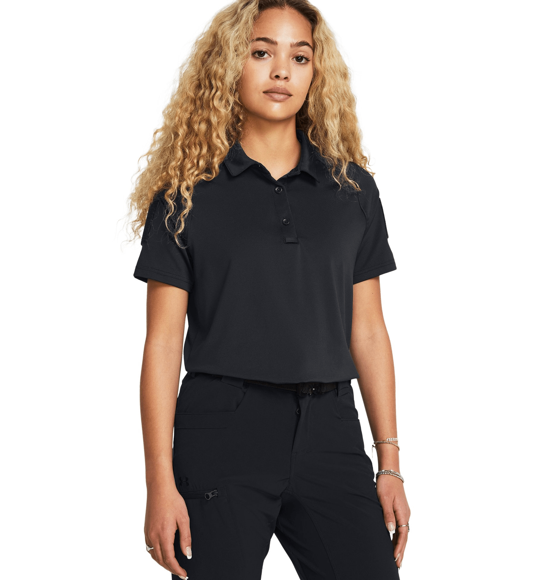 Under Armour Women's UA Tac Elite Polo in black, featuring a comfortable fit and sweat-wicking fabric for tactical wear.