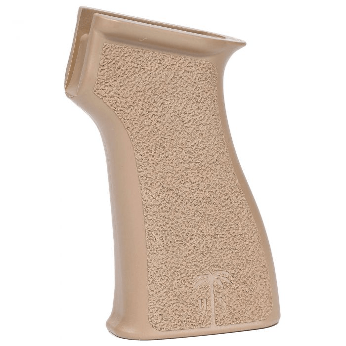 US Palm AK Grip designed for comfort and control with an ergonomic shape and aggressive stippling in tan color.