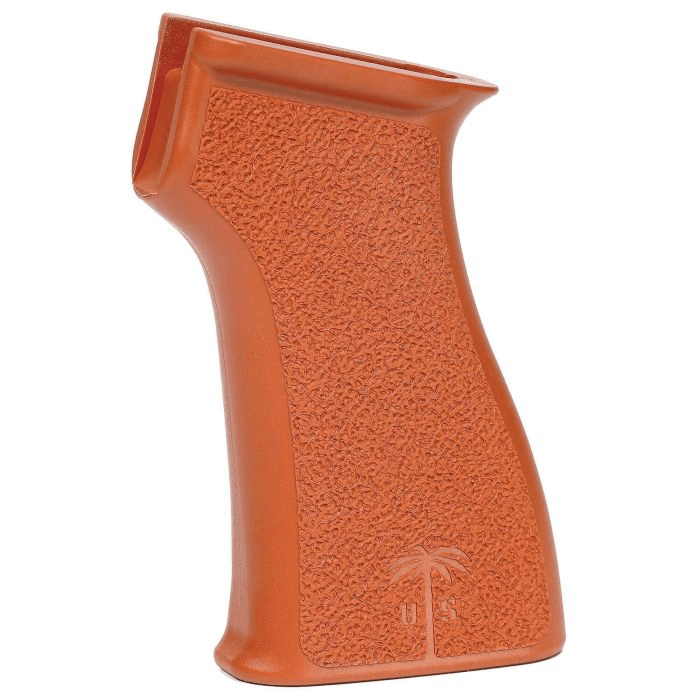 Orange US Palm AK Grip in orange, featuring ergonomic design and aggressive stippling for enhanced control and comfort.