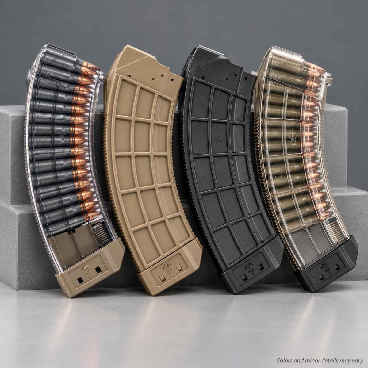 US Palm AK30R 30-round 7.62x39 AK-47 magazines in black, FDE, clear with black, and clear with FDE