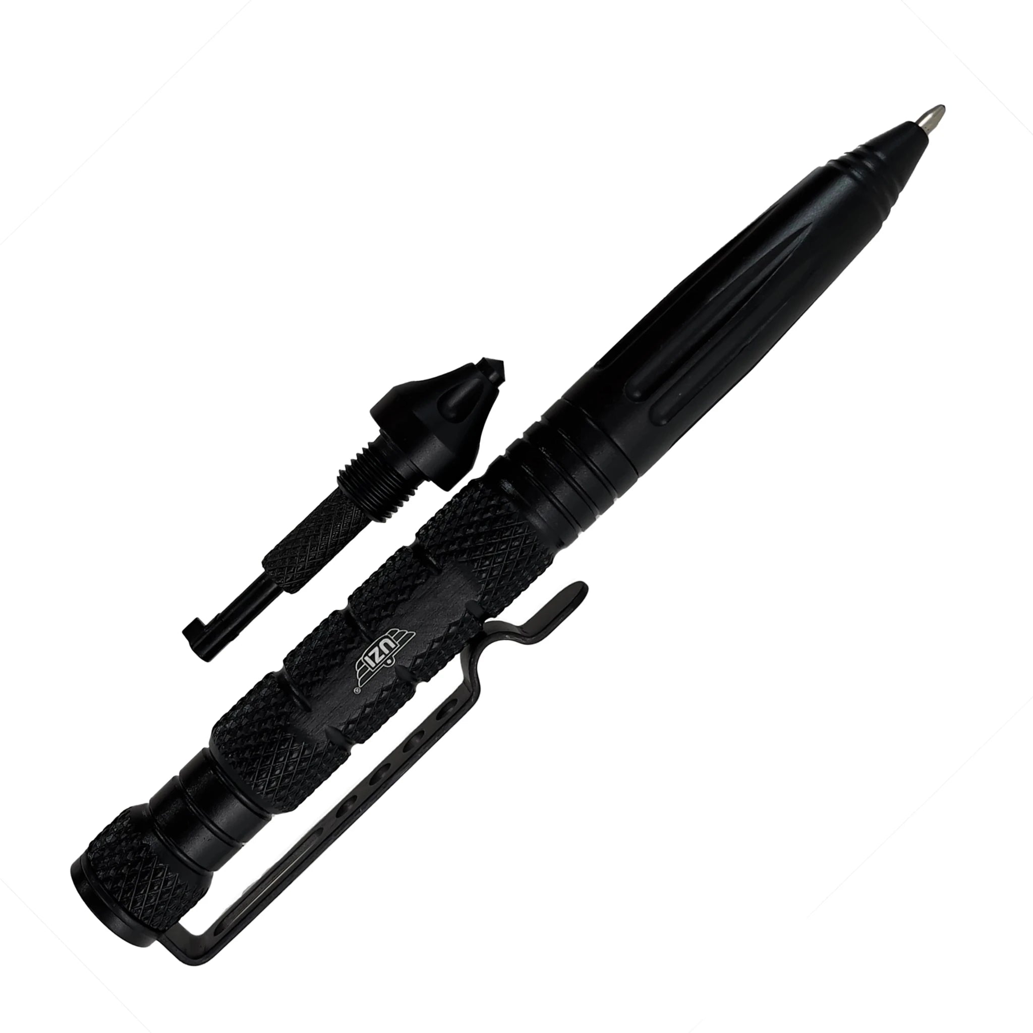 Black UZI Defender Tactical Pen #6 with rear glassbreaker removed to show concealed handcuff key