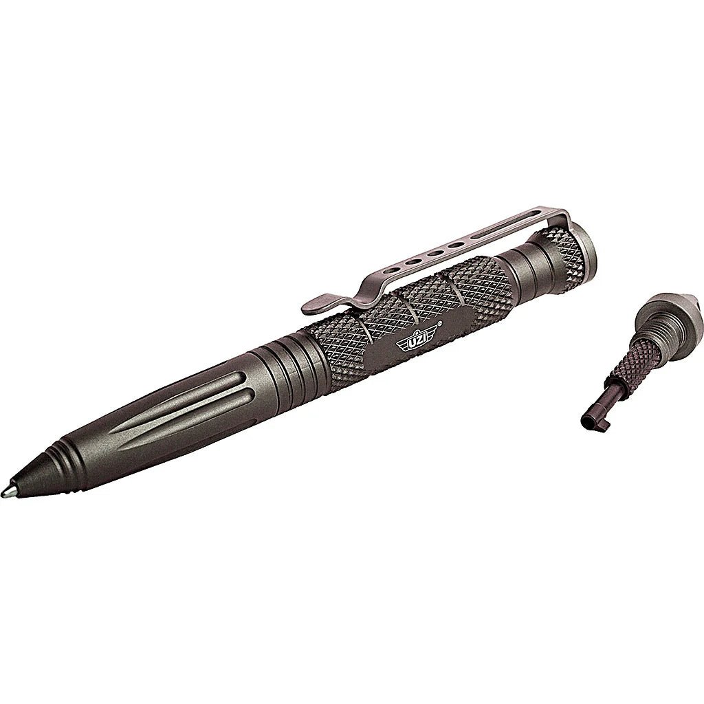 Gun Metal Grey UZI Defender Tactical Pen #6 with glassbreaker and concealed cuff key removed