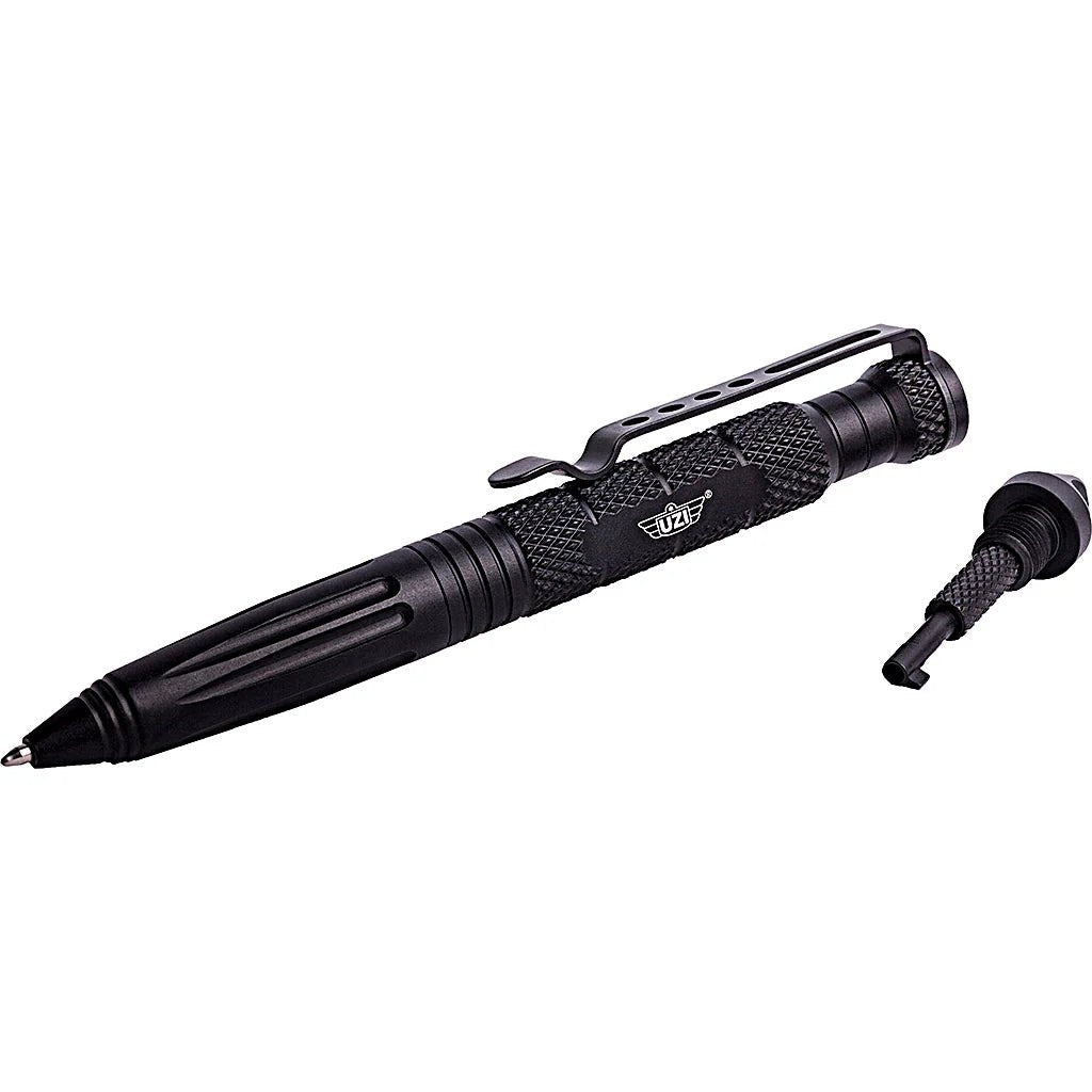 Black UZI Defender Tactical Pen #6 with glassbreaker and concealed cuff key removed