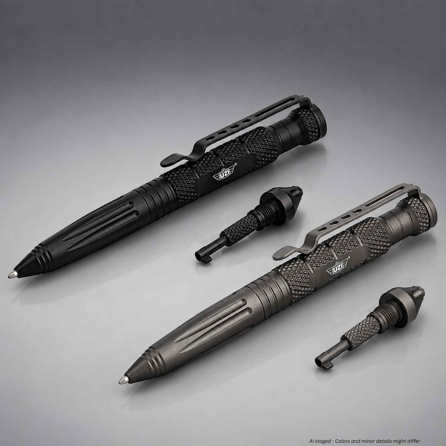 Black and Gun Metal Grey UZI Defender Tactical Pen #6 with glassbreakers and concealed cuff keys removed