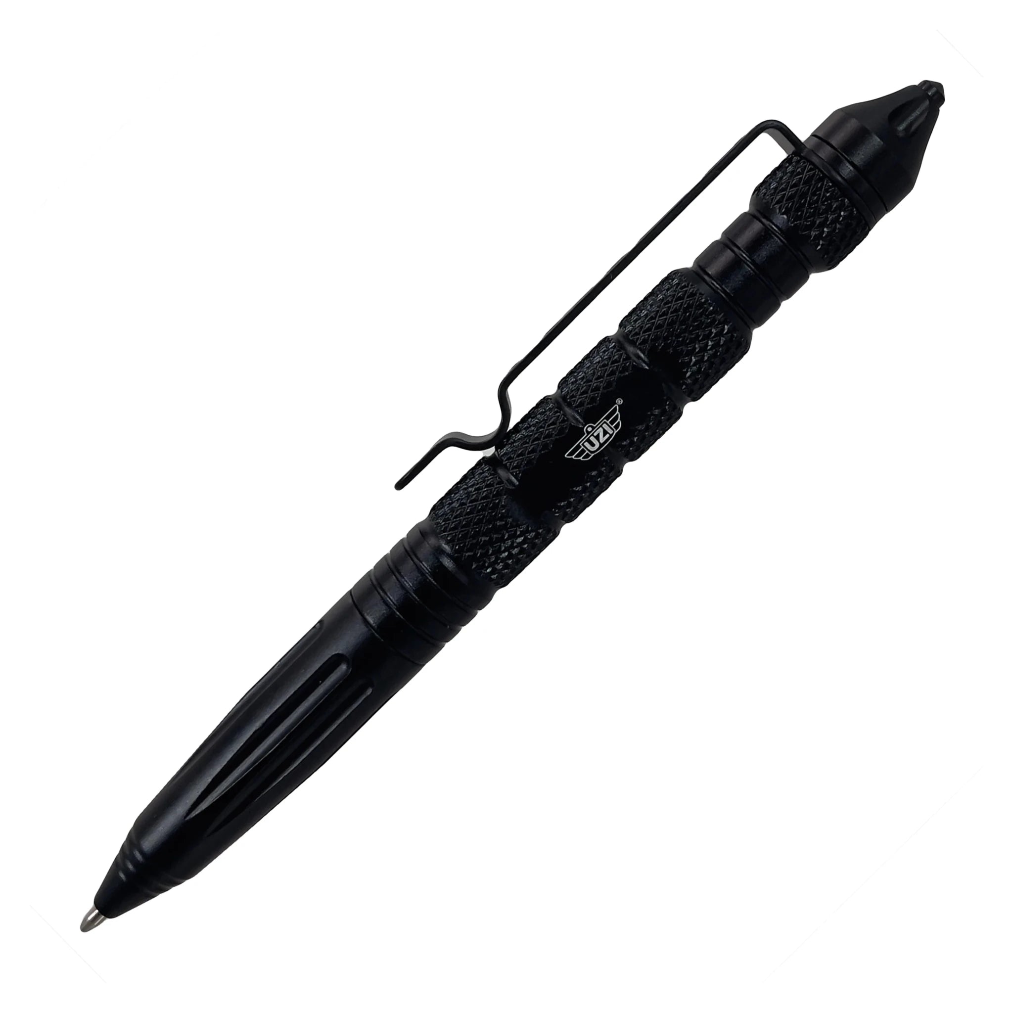 Close-up of Black UZI Defender Tactical Pen #6 with textured grip, pocket clip, and glassbreaker
