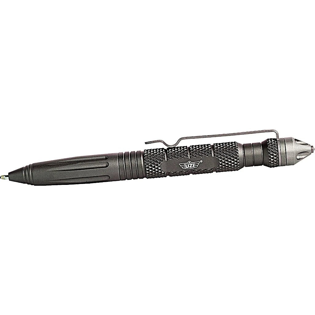Side view of Gun Metal Grey UZI Defender Tactical Pen #6 with pocket clip and carbide glassbreaker