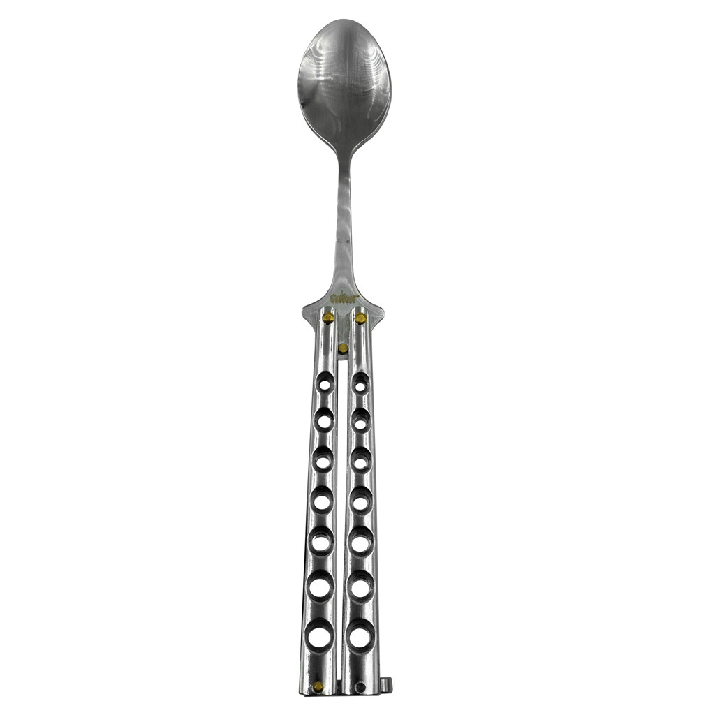 UZI Butterfly Spoon, a unique spoon designed for butterfly knife style flipping, made for fun and safe use outdoors.