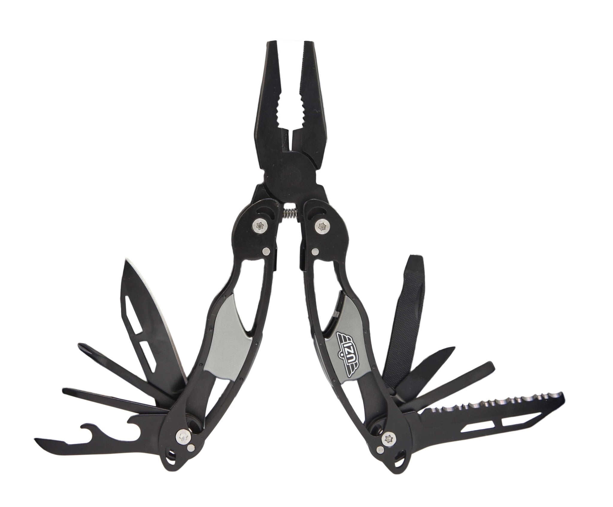 Multitool with various tools on a white background