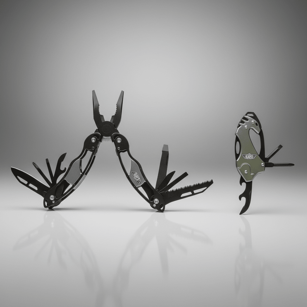Multi-tool with various components on a gray background