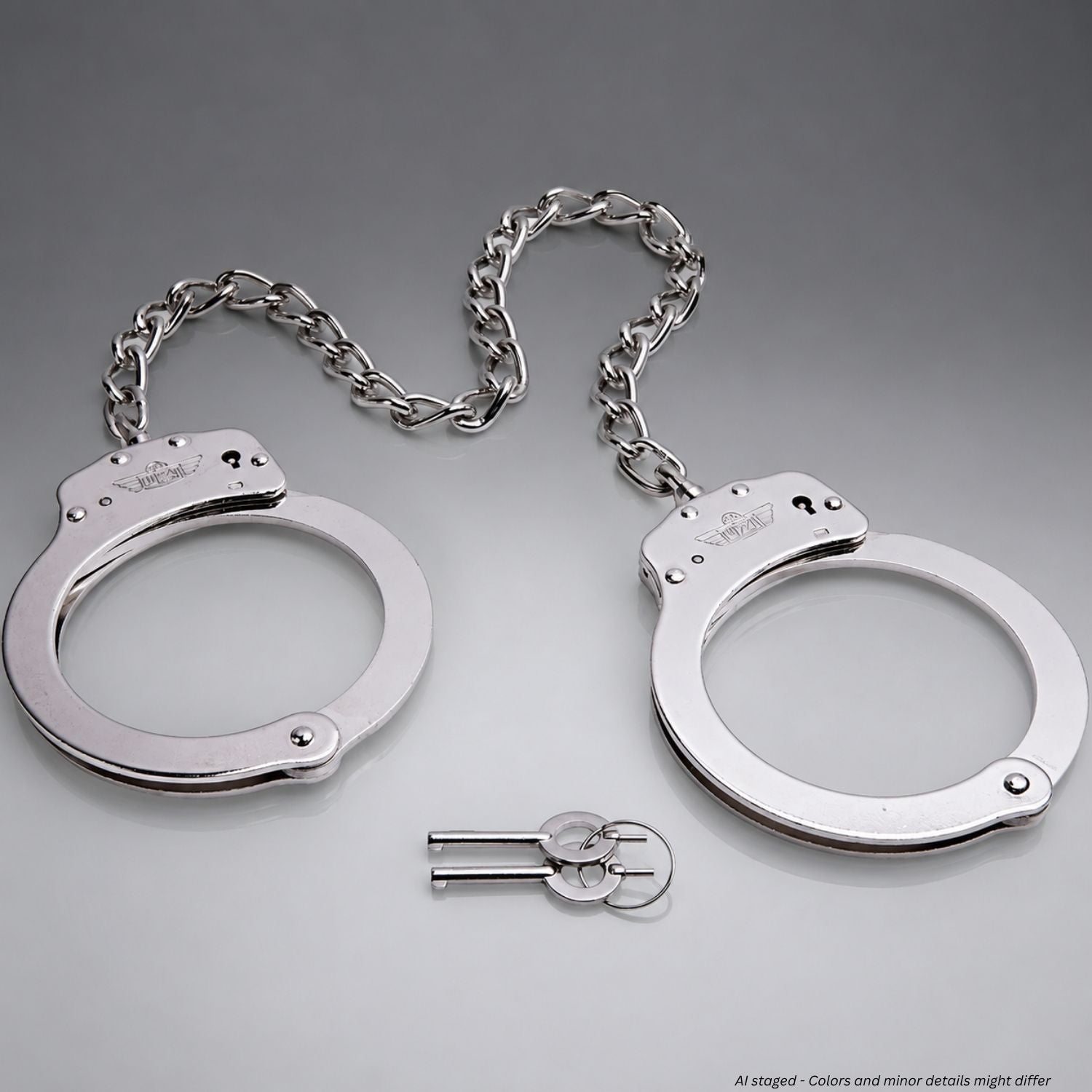 UZI Premium Nickel Finish Leg Irons model UZI-HC-LEG shown open on white background with two standard handcuff keys