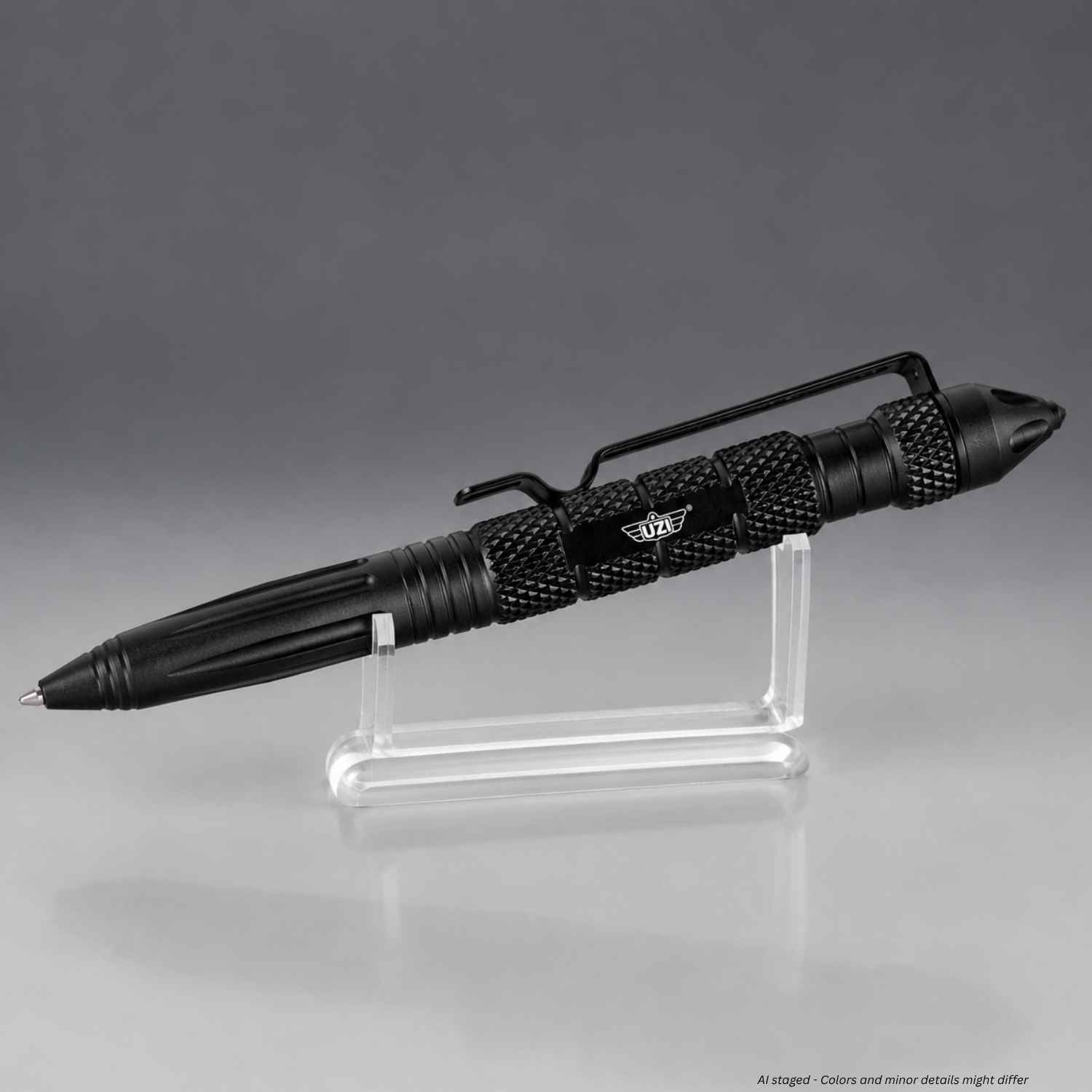 Black UZI Tactical Defender Pen UZI-TACPEN2-BK on clear display stand