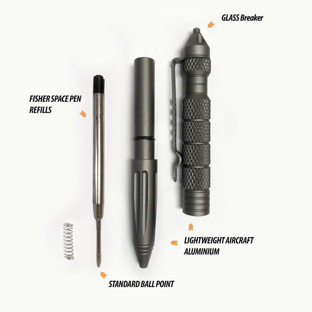 Gunmetal gray UZI Tactical Defender Pen disassembled with refill and spring