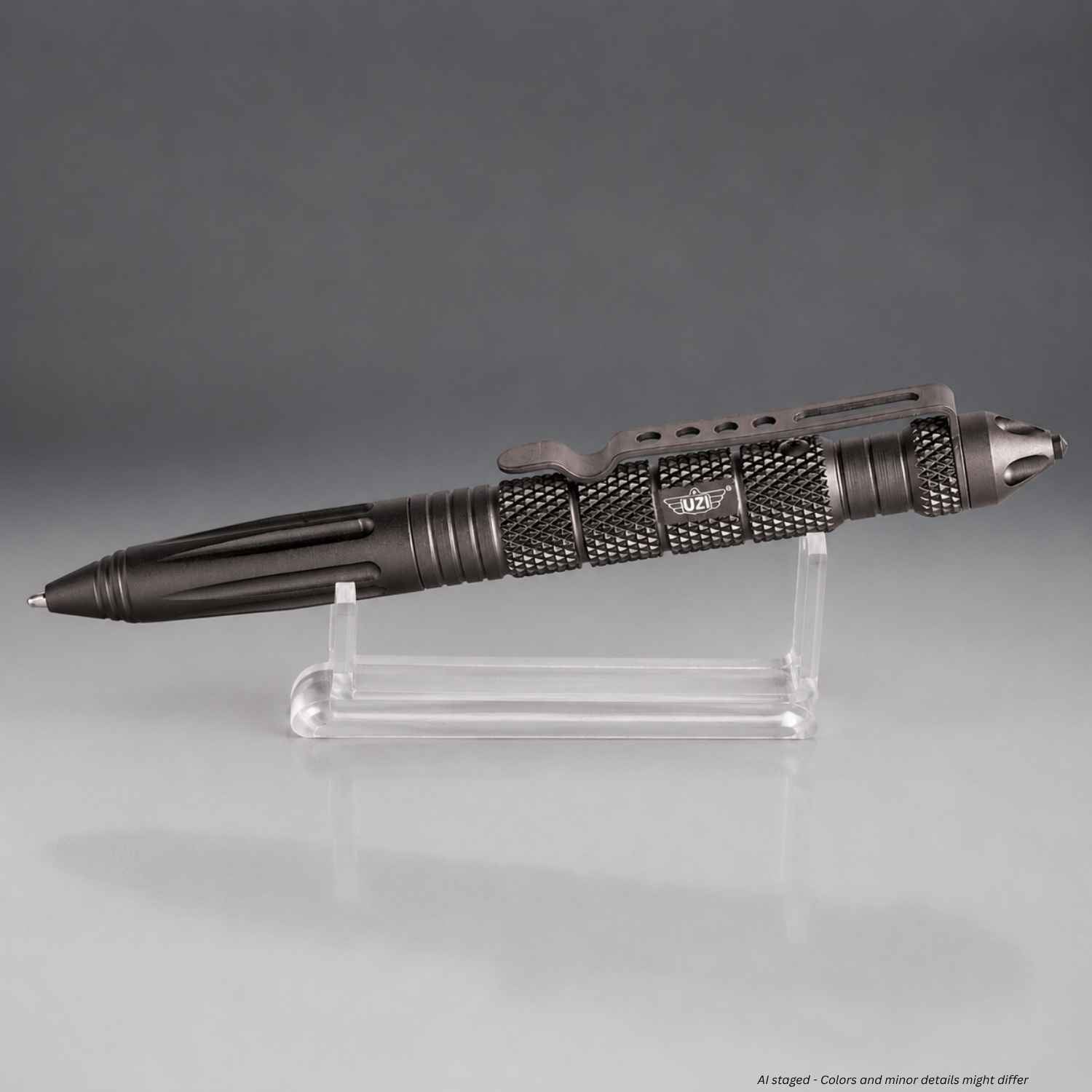 Gunmetal gray UZI Tactical Defender Pen UZI-TACPEN2-GM on clear display stand