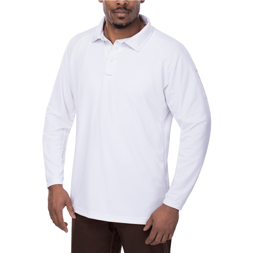 Vertx Coldblack Men's Long Sleeve Polo in white, featuring moisture-wicking fabric for warm weather comfort and performance.