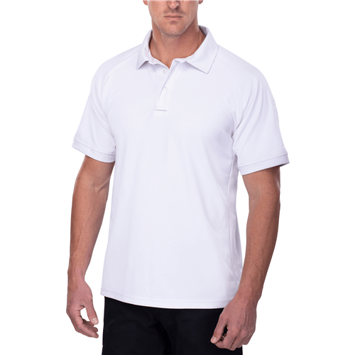 Model wearing a white Vertx Coldblack men's short sleeve polo shirt, showcasing its moisture-wicking and UV-reflective features.