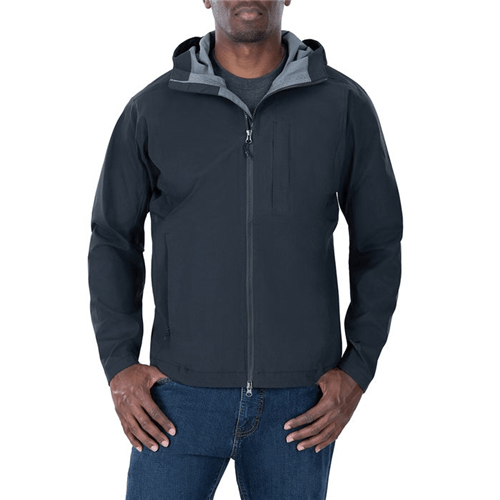 Vertx Fury Hardshell Jacket in black, featuring a hood and lightweight, water-resistant fabric for outdoor protection.