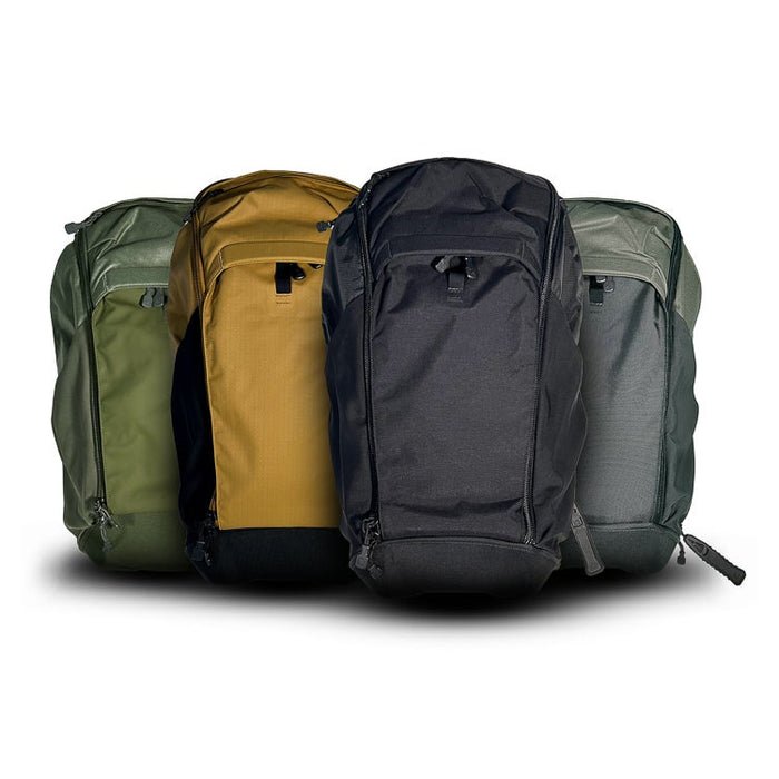 Four backpacks in green, brown, black, and gray on a white background. Vertx Pro Basecamp 30L CCW Backpack VTX5019 in multiple colors