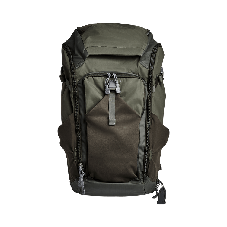 Vertx Pro Overlander backpack in olive green, featuring multiple compartments and durable design for travel organization.