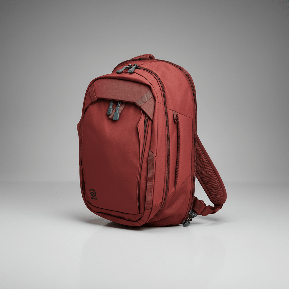 Red backpack on a gray background