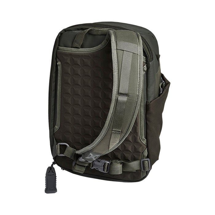 Black and green backpack on a white background