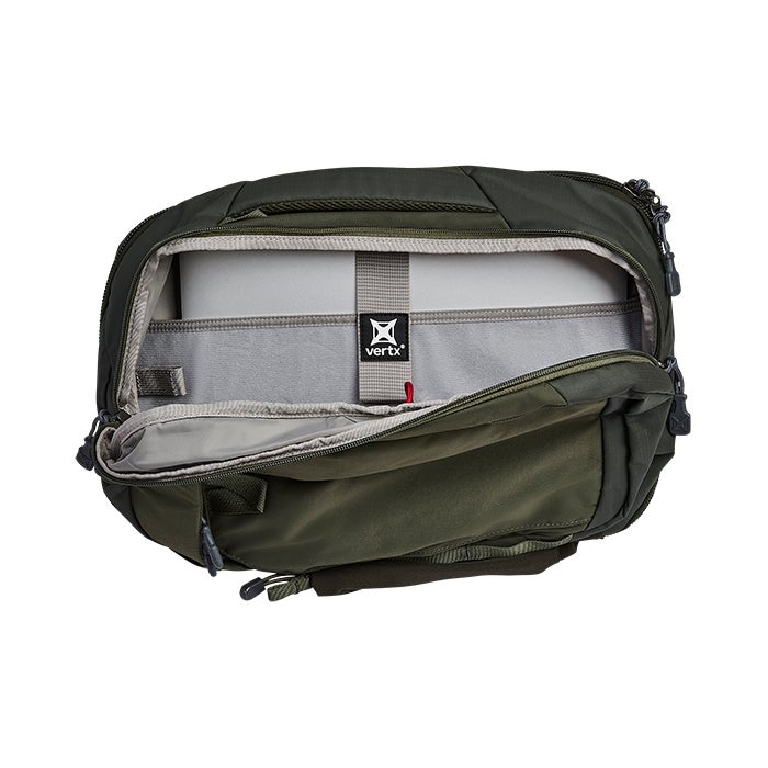 Green backpack with open compartment on a white background