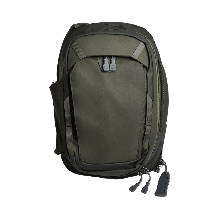 Vertx Pro Transit backpack in olive green, designed for easy access and urban versatility.