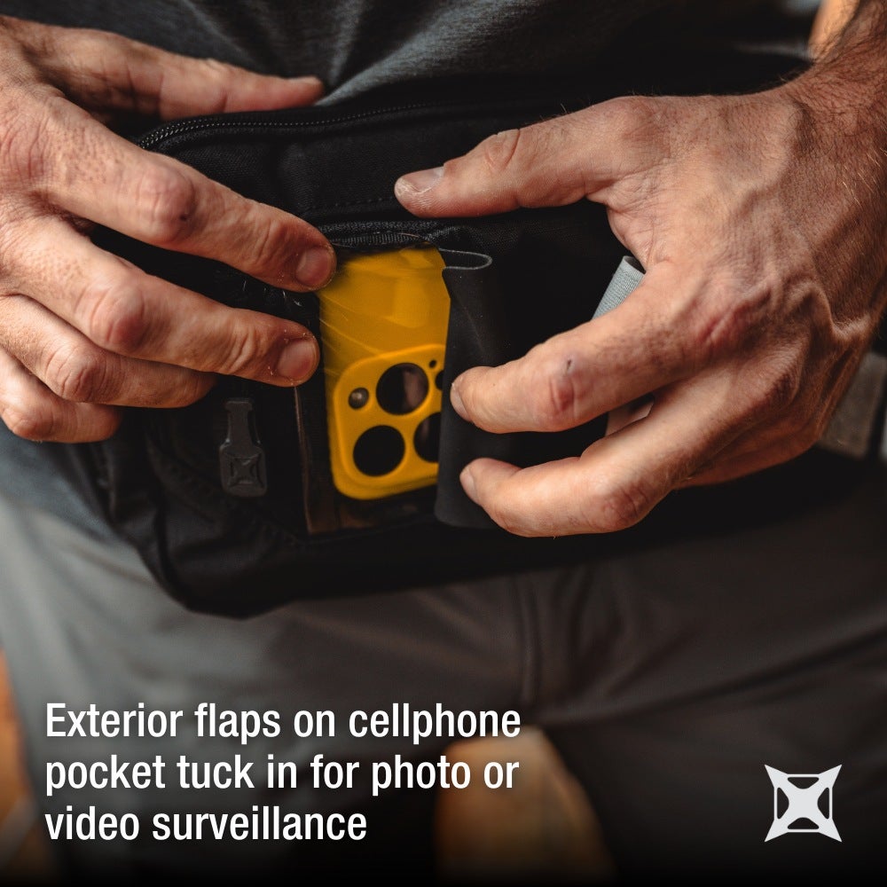 Person adjusting exterior flaps on a cellphone pocket tuck for surveillance.