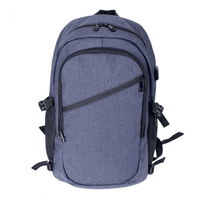 Voodoo Tactical Liberty Backpack 15-0310163000 in Navy, front view with angled zip pocket and side mesh pockets