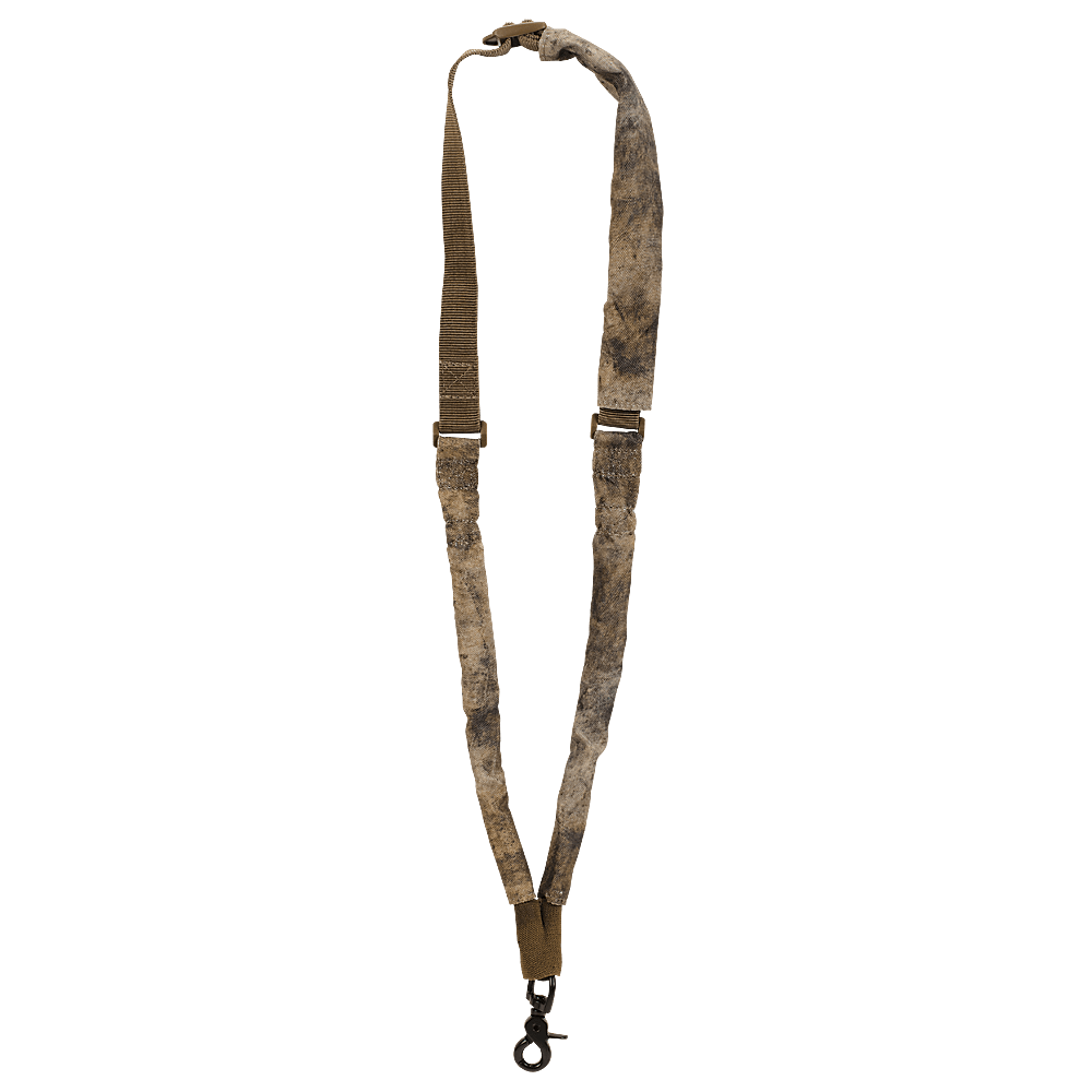 Camouflage-patterned lanyard with metal clip on a white background