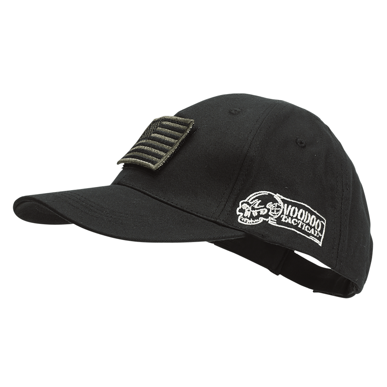 Voodoo Tactical baseball cap with removable USA flag Velcro patch, featuring embroidered logo and durable poplin fabric.