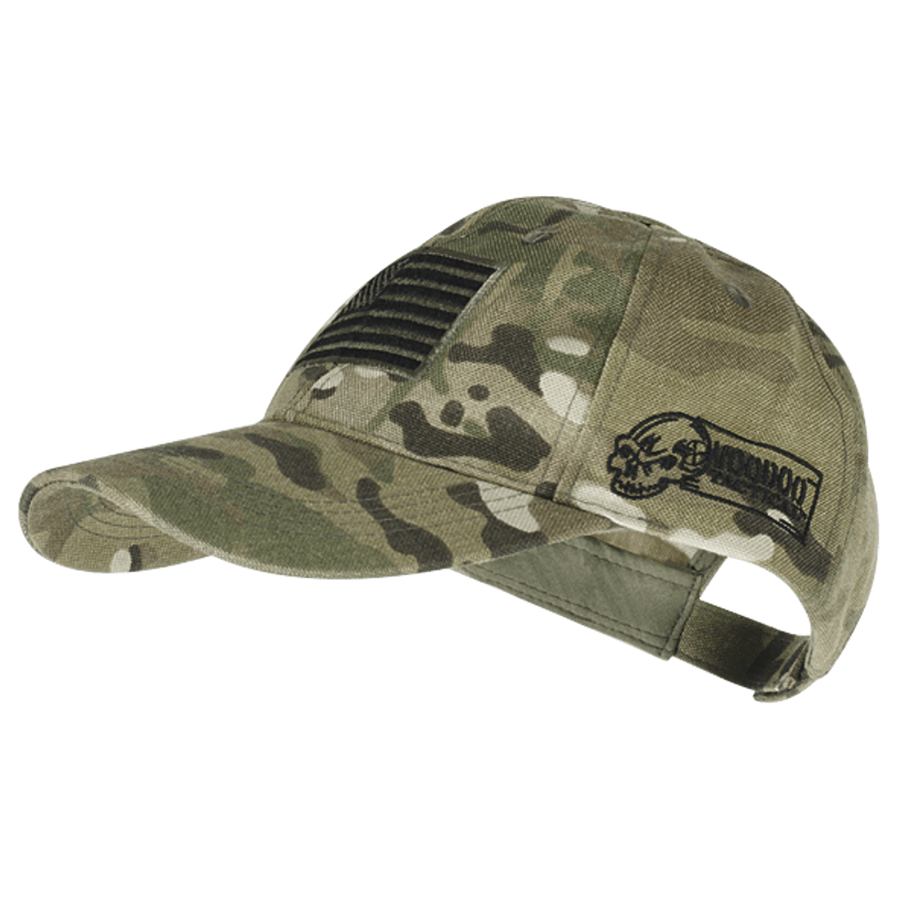 Voodoo Tactical cap in camouflage with removable USA flag patch and logo, perfect for style and comfort.