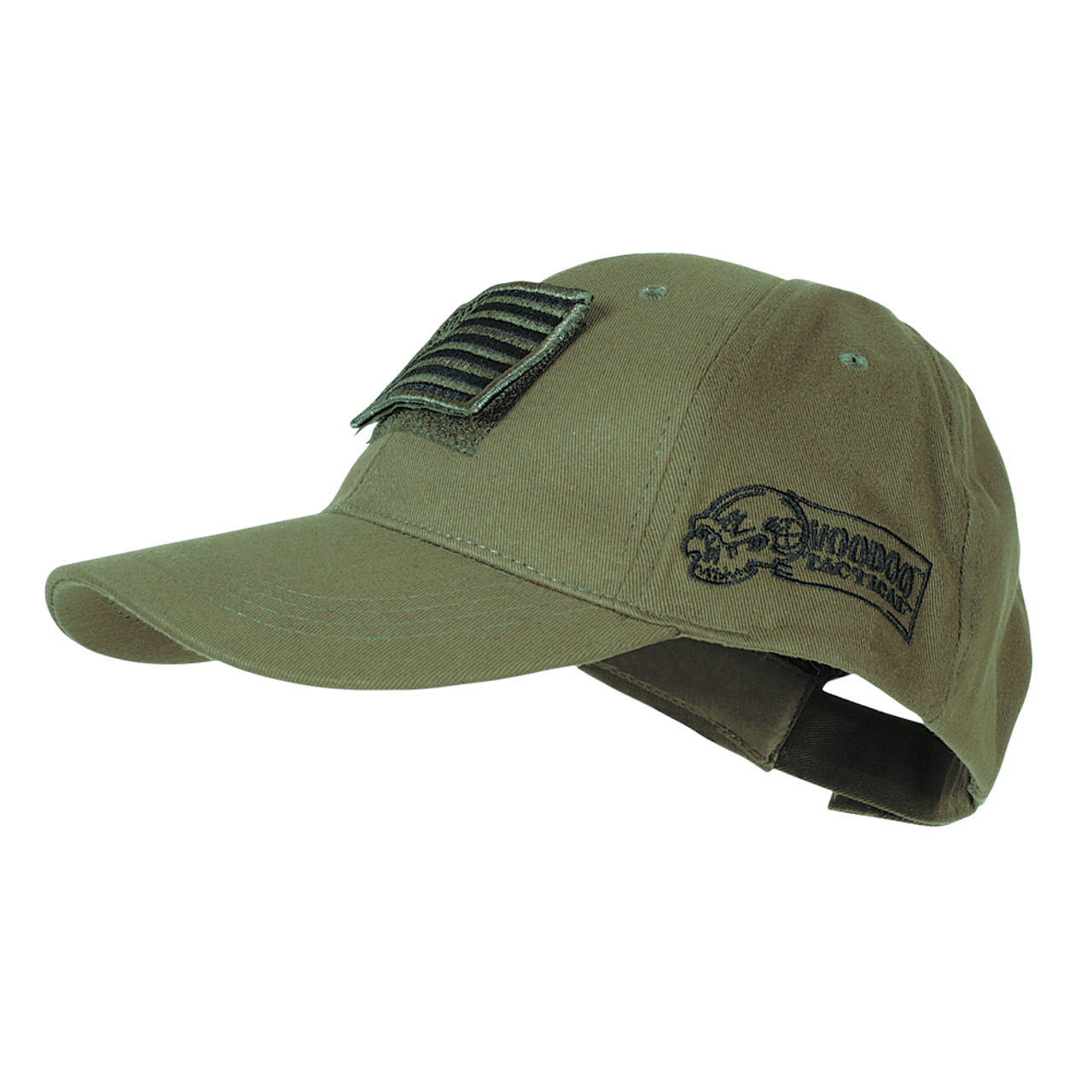 Voodoo Tactical baseball cap with removable USA flag patch and embroidered logo, perfect for style and comfort.