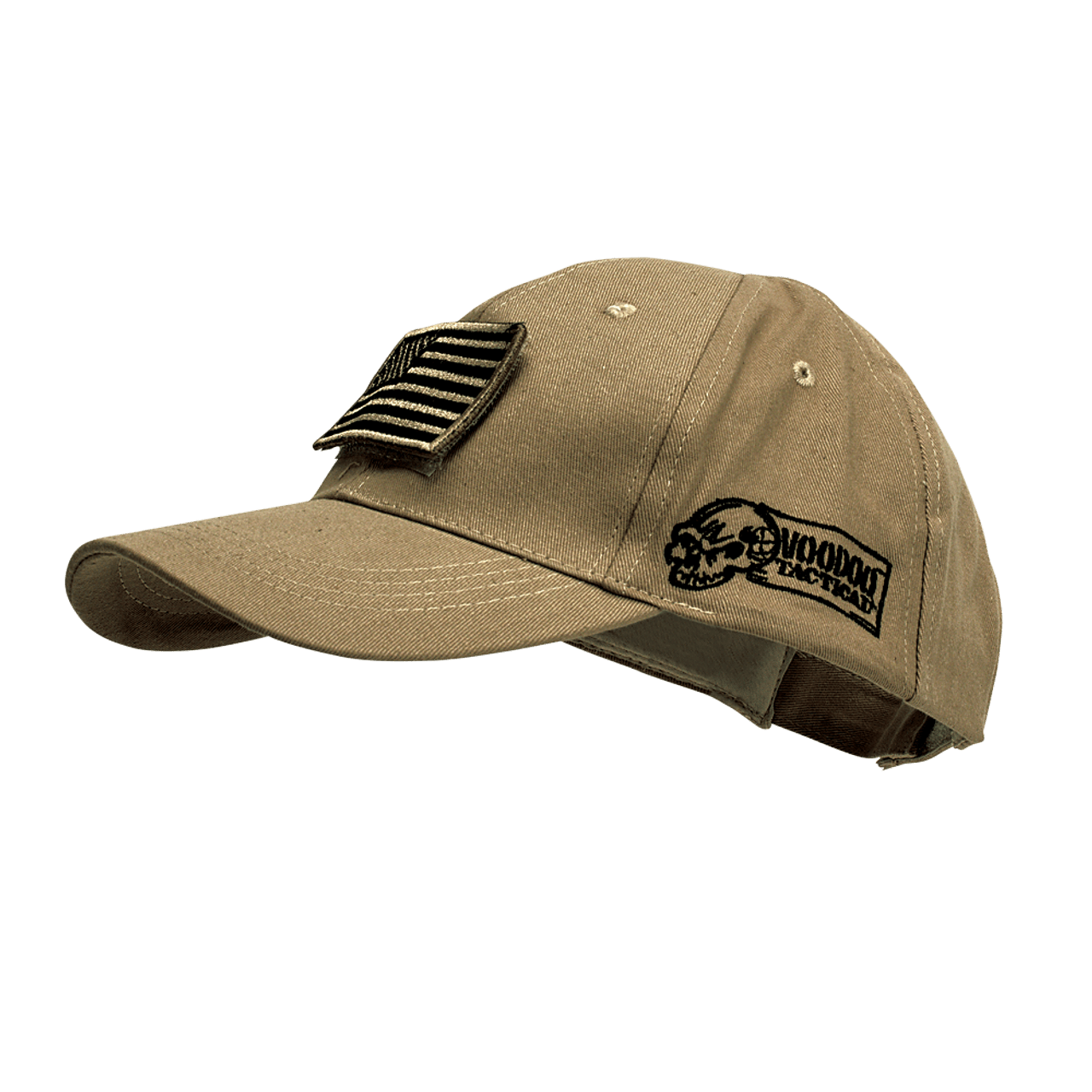 Voodoo Tactical baseball cap with removable USA flag Velcro patch and embroidered logo in khaki color.