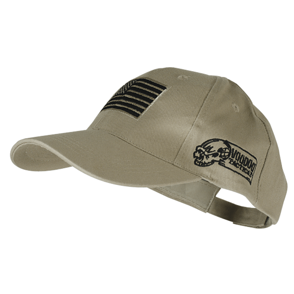 Voodoo Tactical baseball cap with removable USA flag patch and embroidered logo in tan color.
