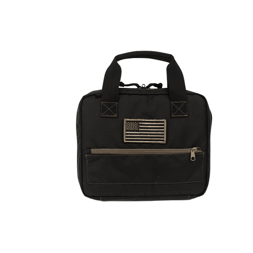 Voodoo Tactical Custom Series Pistol Case with American flag patch, crafted from durable 900D poly fabric, perfect for firearm storage.