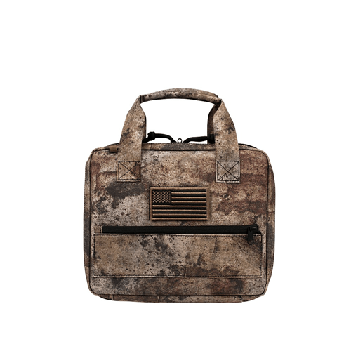 Voodoo Tactical Custom Series Pistol Case in rugged design with American flag patch and durable exterior for firearm protection.