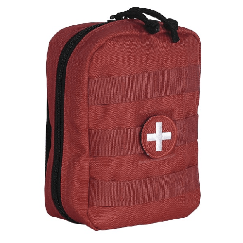 Voodoo Tactical EMT Pouch in red, featuring MOLLE webbing and elastic hold-down loops for organized medical supplies.